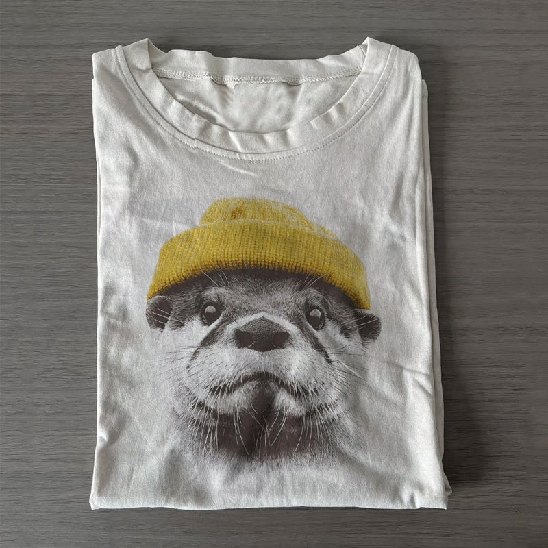 Retro River Otter Wearing Beanie Unisex T-Shirt
